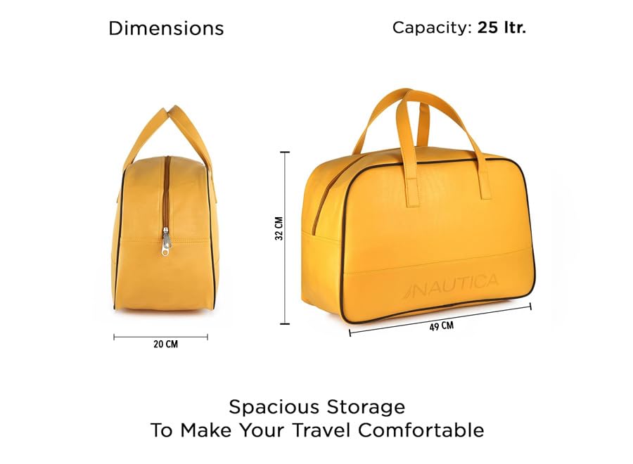 Image of Nautica Unisex 25L PU Duffle Bag for Travel | Stylish Leatherette Cabin Luggage with Smooth Zippers | Compact, Comfortable & Spacious for Weekend Trips, Gym & Everyday Use | Yellow