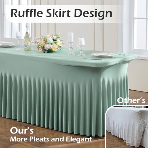 Image of NSSONBEN 2 pk Sage Green Spandex Tablecloth for 8 Foot Rectangle Tables,Wrinkle Free Fitted Spandex Table Covers 8ft Stretch Table Cloths with Ruffle Skirt for Parties Weddings Banquet Baby Shower