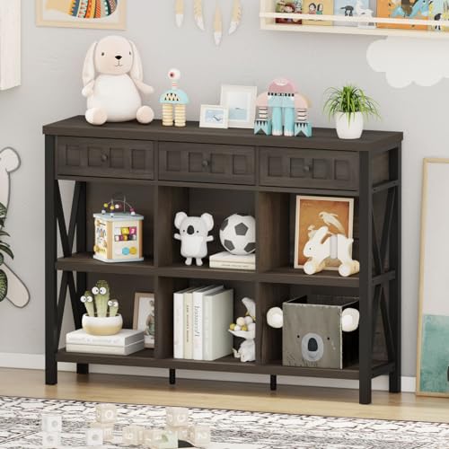 Image of FATORRI Rustic 6 Cube Bookshelf, Industrial Low Bookcase, Wood and Metal Cubby Book Shelf