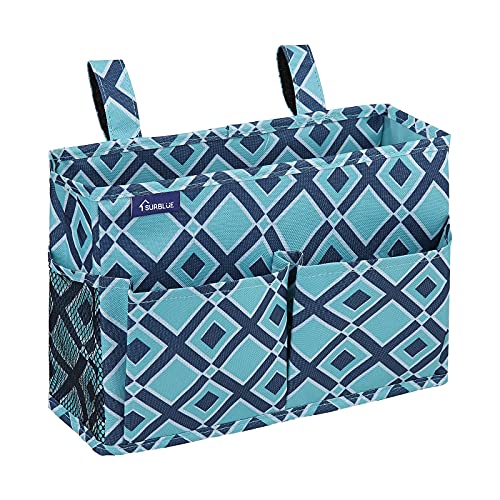 Image of Surblue Bedside Caddy Hanging Organizer Storage Bag for Bunk and Hospital Beds, College Dorm Rooms, Baby Rails, Camp Chairs, Wheelchair - 4 Pockets, 2 Hooks (Blue Plaid)