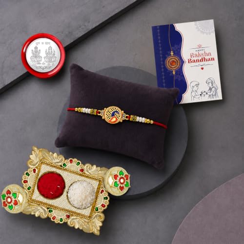 Image of Periapt Multicolor Rakhi Combo with Pooja Thali /Tilak Set, Greeting card, Pooja Coin (Rakhi23 VAR68)