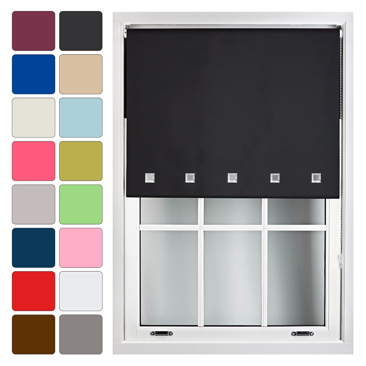 FURNISHED Blackout Blinds Roller Shade Window Blind with Chrome Square Eyelets Customized Width Made to Measure, Black, 240cm x 165cm
