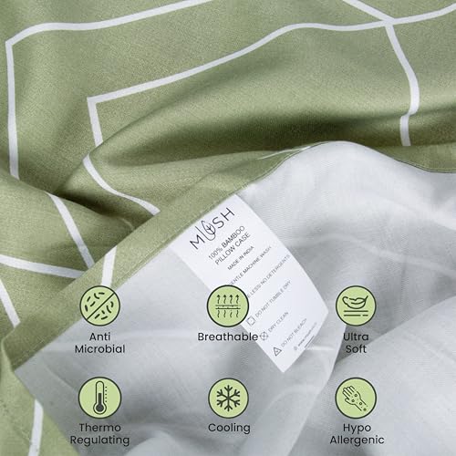 Image of Mush Bamboo Printed Pillow Cover Set of 2 | 100% Bamboo Pillow Cover for Hair and Skin | 300 TC | Breathable, Silky Soft and Envelope Pillowcases | 17 inchx27 inch Geometric Print, Green