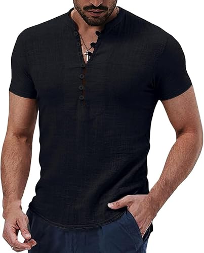 Kenhansion Cotton Linen Henley T Shirts for Men Casual V Neck Short Sleeve Button Linen Shirts Fashion Vacation Dress Shirt (Black,Large)