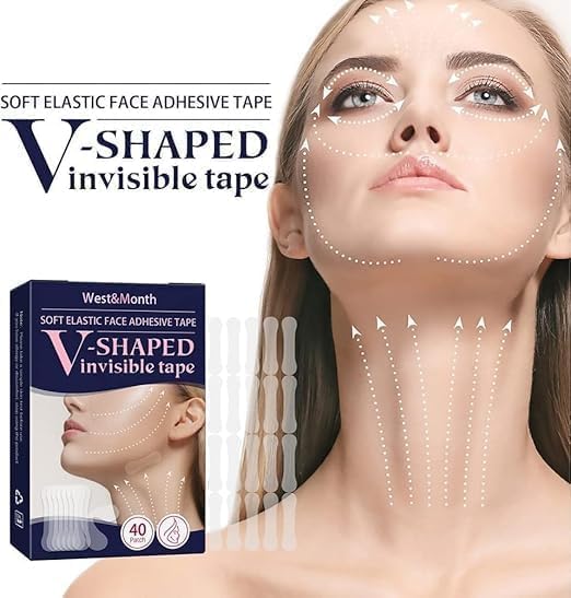 Doville V shaped Mask Invisible Tape Soft Elastic Face Adhesive Lifting Firming Instant Wrinkle Stickers Elasticity Makeup Tape for Eyes, Neck, Jaw, Chin,Transparent Instant Face Lift 40 Patches 3