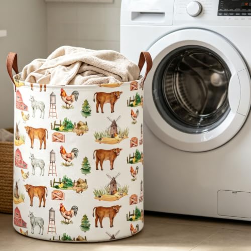 Image of 19.7 inch Laundry Basket,Dirty Clothes Hamper,Waterproof Storage Bin,Room Decor(Farm)