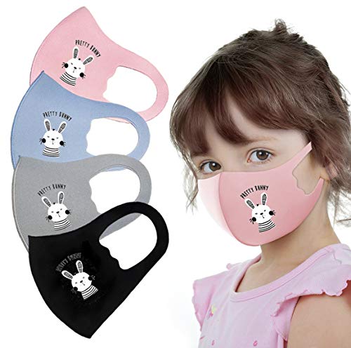Animal Themed Kid's Face_Mask Face Covering Gear Double Fabric Layers Washable Reusable Unicorn, Bear, Kitty, Bunny and More (Pack of 4 Pretty Bunny)