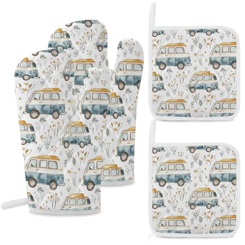 Cute Campervan RV Oven Mitts & Pot Holders 4-Piece Set