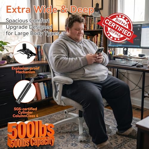 Image of Big and Tall Office Chair 500lbs Heavy Duty Ergonomic Mesh Desk Chair with 23.6 inch Extra Wide Seat, 29.5 inch High Back, Adjustable Lumbar Support Flip-Up Arms for Large Body Types(Light Gray)