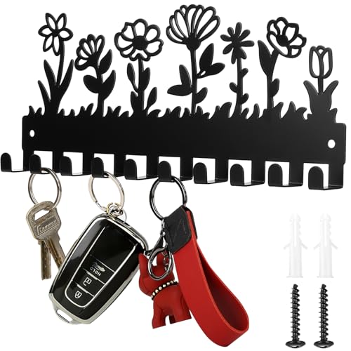 Schlüsselbrett Schwarz, Wandmontierte Schlüsselhalter Wand mit 10 Schlüsselhaken für die Wands, Schlüsselanhänger Schlüsselaufbewahrung, Schlüsselaufhänger Schlüsselleiste für Flur Wohnung Home Deko