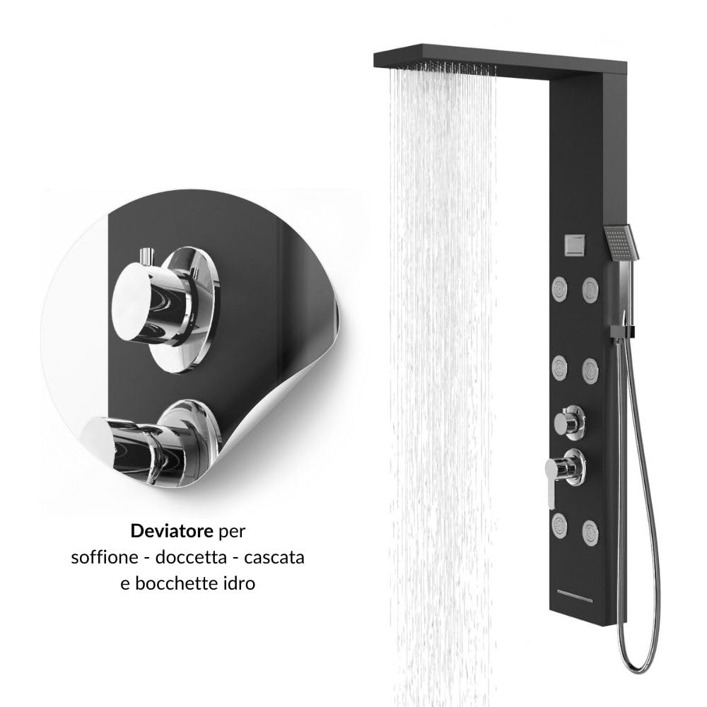 Colonna Pannello Doccia Nero Satinato 4 Funzioni York-1 Black Display Controllo Temperatura Cascata Getto 6 Idrogetti Lombari Doccetta con Flessibile