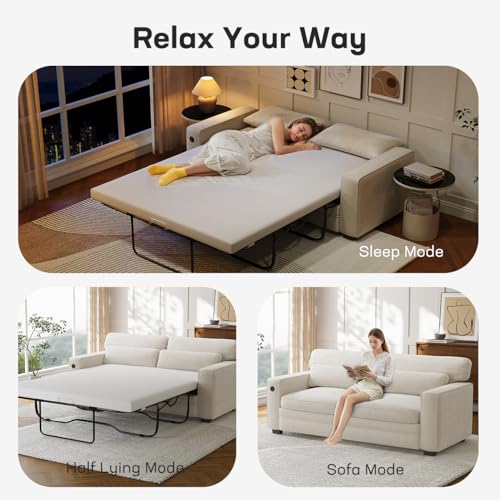 Marsail Pull Out Sofa Bed, Full Size Sleeper Sofa with Memory Foam Mattress, 2 USB Charging and Removable Covers, Loveseat for Living Room, Apartment, Supports 600 LBS, Chenille Fabric, White - Image 5