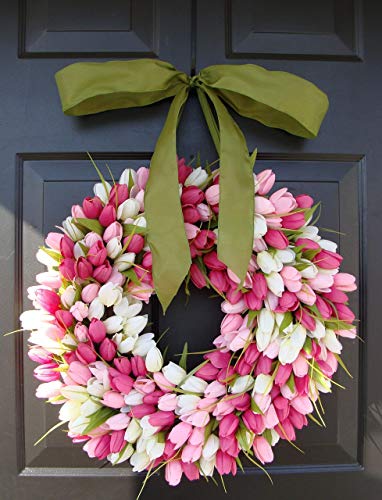 Elegant Holidays Handmade Pink/White Silk Tulip Wreath w/Bow- Decorative Home Décor for Indoor/Outdoor- Welcome Guests in Spring, Summer Front Door Wreaths- Mother's Day Holiday Accent 16-26 inch