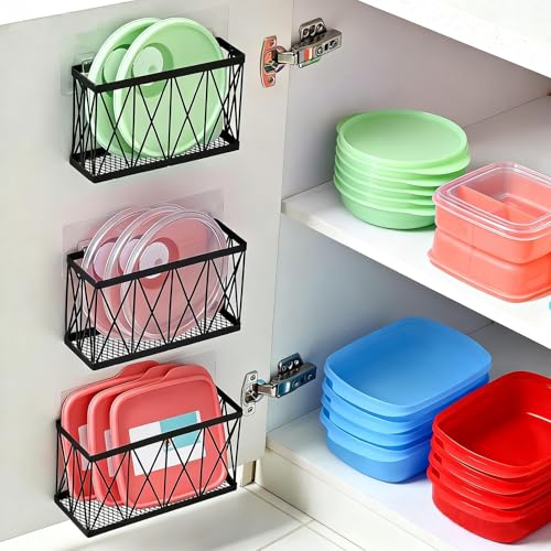 Rise age Tupperware Organizer for Cabinet, Adhesive Cabinet Door Organizer Wall Mounted Lid...