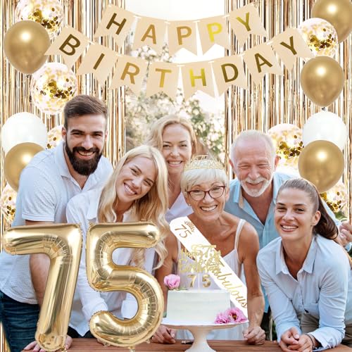 Image of Trgowaul 75th Birthday Decorations for Women, Banner, Sash and Crown, Cake Topper, 75 Number Balloon, Fringe Curtains, Champagne Gold 75th Birthday Party Supplies