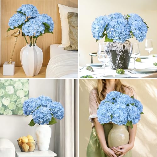 Image of Bassion 4 Pcs 21 inch Blue Hydrangea Artificial Flowers for Decorations | Realistic, lates real touch faux hydrangeas, for wedding bouquet party table centerpieces arrangements home decorations