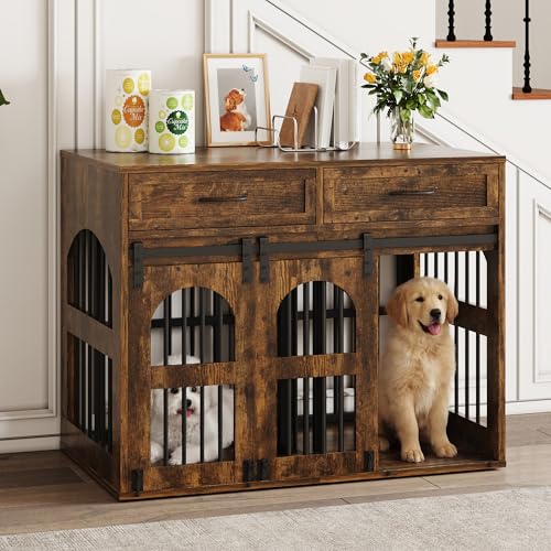 IRONCK Dog Crate Furniture Heavy Duty Dogs Cage with 2 Drawers Removable Divider & Barn Door Wooden Indoor Dog Kennel Side Table for 2 Small/Medium Dogs or 1 Large Dog 106x68x88cm Retro Brown