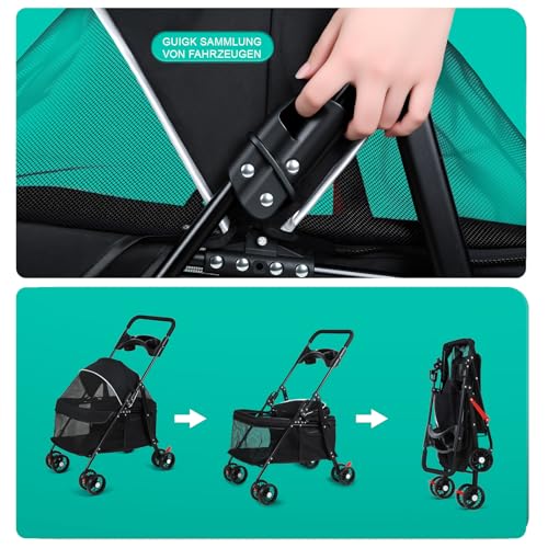 2-in-1 Hundebuggy bis 15 kg – Hundewagen & Katzenwagen klappbar mit Feststellbremse, Getränkehalter & Stauraum, Faltbarer Hunde Buggy für Reisen & Spaziergänge, 49.5×69.5×98 cm