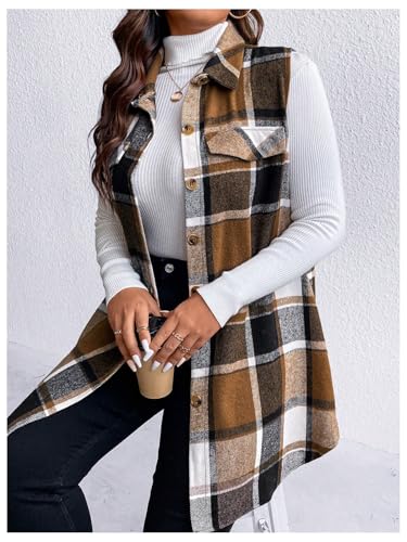 MakeMeChic Women's Plus Size Outwear Vest Top Plaid Tweed Jacket Button Down Shirt4
