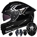 Casco Integrale Moto Bluetooth,Caschi Moto Scooter Racing Uomo con Integrale Doppia Visiera Anti Nebbia,Casco Moto Full Face Omologato ECE,Casco Moto Leggero per Donna Uomo 55~64cm