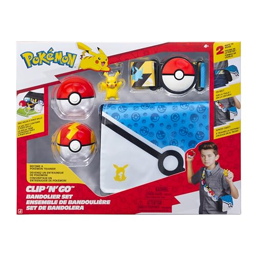 Pokémon Pikachu Clip 'N' Go Bandolier Set – Figura de batalha Pikachu de 2 polegadas com Poke Ball e Fast Ball mais cinto temático e Bandolier