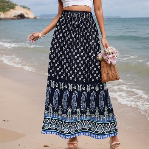 Women's Boho Floral Skirt High Waist Elastic Pleated Maxi Skirts Casual A Line Flowy Trendy Long Skirt with Pockets2