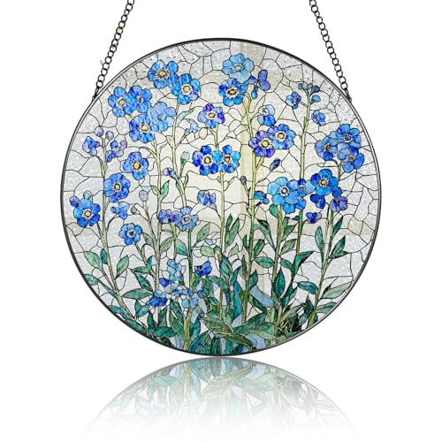 Vergissmeinnicht Sonnenfänger Glas Fensterdeko Hängend Gartendeko für Draußen Wetterfest Home Decoration für Wohnzimmer Balkon Gartendeko Suncatcher Geschenke für Freunde Partner 20x20cm