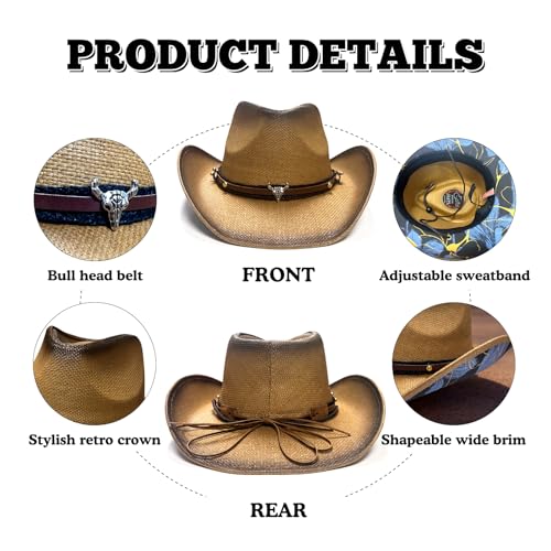 Image of Cowboy Hats for Women, Brown Cowgirl Hats Classic Straw Western Hats for Women Music Festival Party Beach.