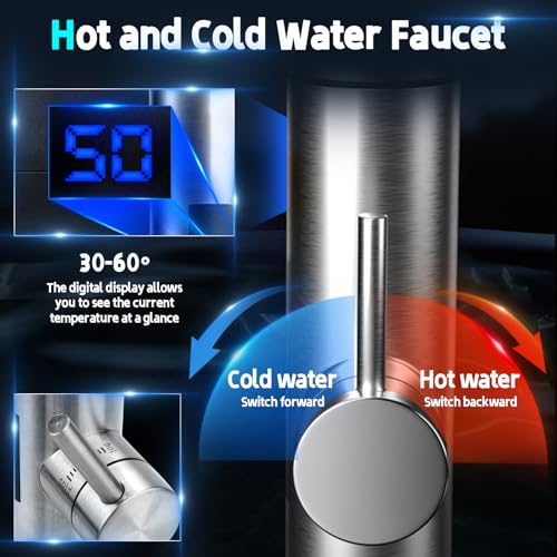 Elektrischer Wasserhahn mit Durchlauferhitzer,2025 Upgrade 220V 3000W 360° Edelstahl Heiß- Und Kaltwasserhahn mit LED Temperaturanzeige, Max.60℃ Heizung Smart Heater Wasserboiler für Küche Wohnwagen