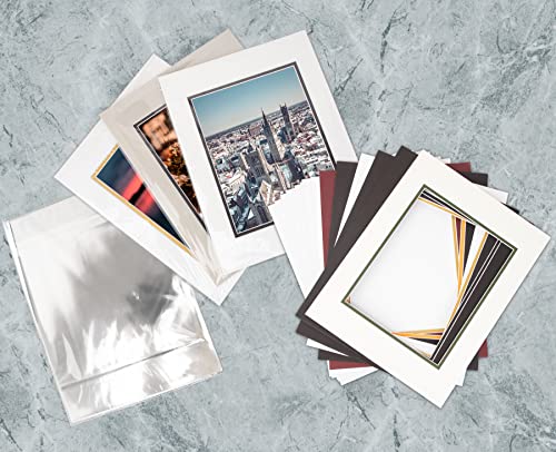 Golden State Art, Pack Of 25 Complete Set, Mix Colors 8X10 Double Mat For 5X7 Photo Pictures With White Core Bevel Cut Mattes. Includes 25 Acid Free Double Mats & 25 Backing Board & 25 Clear Bags #TOP4