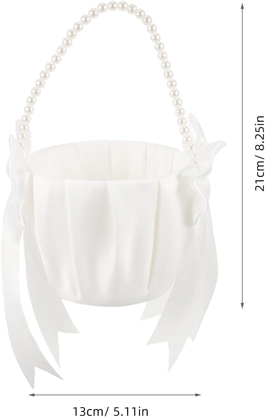 PRETYZOOM Flower Girl Basket with Pearl Handle Lace Satin Petal Basket for Wedding Ceremony for Flower Girl and Wedding Party Supplies