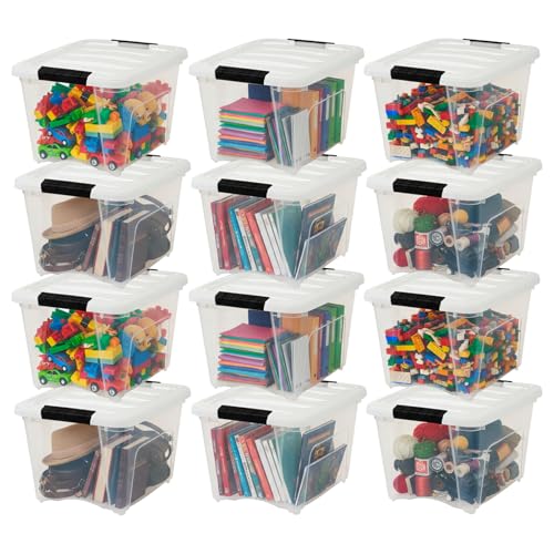 Image of IRIS USA 19 Qt Stackable Plastic Storage Bins with Lids, 12 Pack - BPA-Free, Made in USA - See-Through Organizing Solution, Latches, Durable Nestable Containers, Secure Pull Handle - Clear /White
