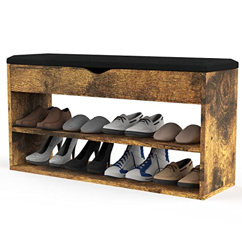Lvhecforhm Banc à Chaussures Brun Vintage, Siège Rembourré, Banc de Rangement, 2 Couches de Tabouret Chaussures, Banc à Chaussures 80 * 30 * 44cm, Banc Etagère Chaussures, pour Couloir, Chambre Cover