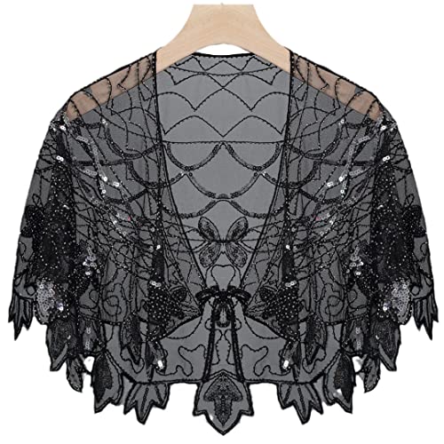 1920S Shawl Wraps See Through Mesh Sequin Beaded Evening Cape Bridal Shawl Flapper Party Cover Up Shawl