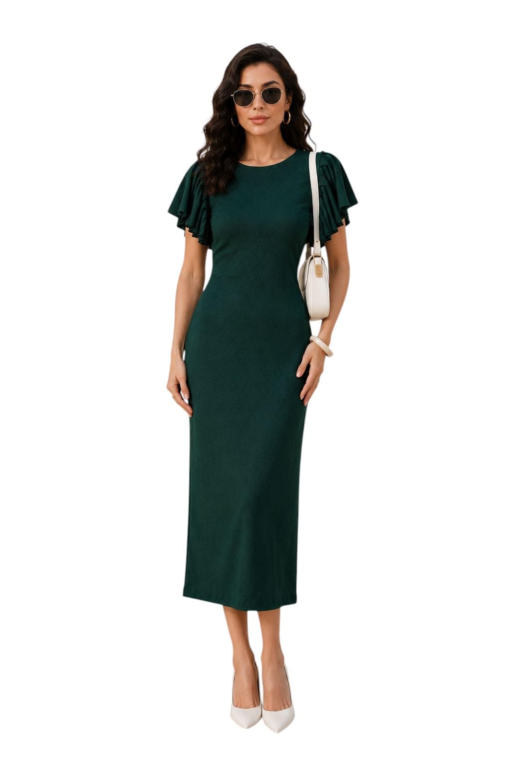 oomph! Women's Ribbed Stretchable Midi Dress | Ruffle Flutter Sleeves | Round Neck | Soft Stretch Knit Western Dress-picture-22