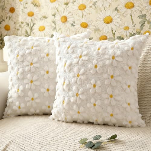 Huahuanghui 2 Stück Gänseblümchen Kissenbezug 45x45cm Weicher Plüsch Zierkissenbezüge Blumen Kissenhülle Sofakissenbezug Dekokissen für Couch, Sofa, Wohnzimmer, Garten, Schlafzimmer & Outdoor