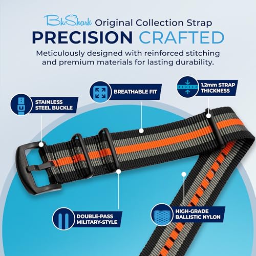 Image of BluShark - Original Collection Military-Style Waterproof Watch Strap, Fits All Timepiece Brands, Durable Nylon Wristwatch Accessories with Stainless Steel Buckle - 18mm, 20mm, 22mm & 24mm Watch Bands