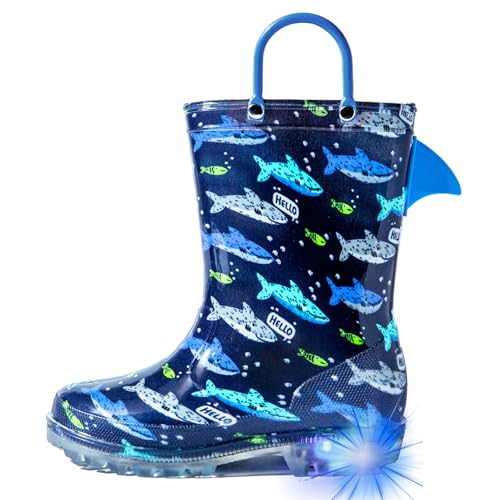 HugRain Toddler Boys Rain Boots Little Kids Baby child Light Up Waterproof Rubber Shoes Printed Mud Lightweight Adorable with Easy-On Handles Non Slip Sole Shark fin Blue Size 9