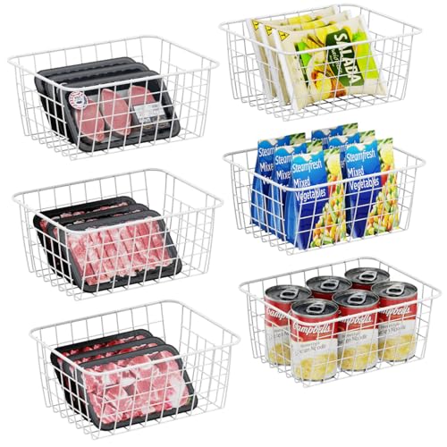 iSPECLE Freezer Organizer Bins - 6 Pack Small Stand Up Freezer Baskets for 13 cu.ft Upright Freezer, Sort and Avoid Food Fall over, Easy to Access Frozen Food Allow Air Circulation, White