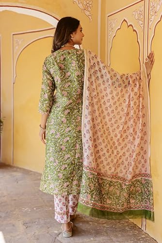 Nainvish Women's Viscose Rayon Printed Straight V-Neck Kurta Pant With Dupatta (Sd700_Kbd-Xxl_Green)