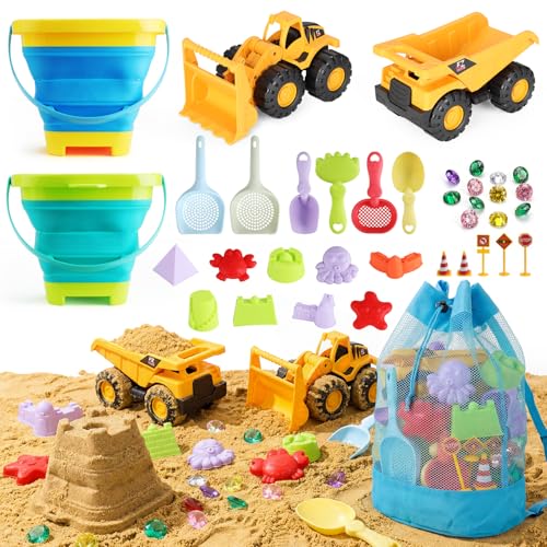 UBeesize 37 Stück Sandspielzeug Sandkasten Spielzeug mit 2 Faltbarer Eimer Kinder Strandspielzeug Junge Mädchen mit Netztasche Set 2 Lastwagen und Sandsieb Reise Sandspielzeug Bauen und Schatzsuche