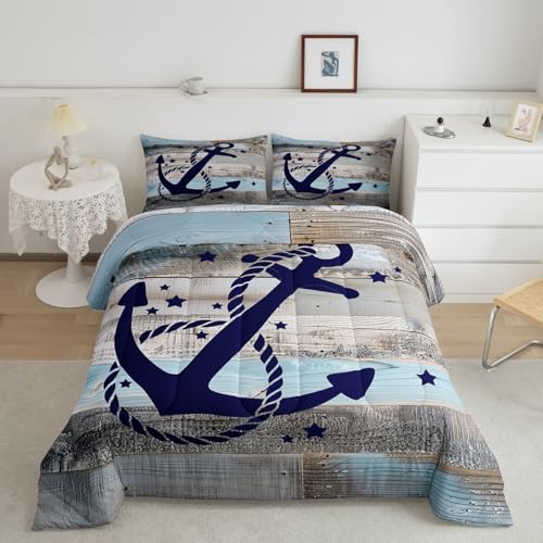 Coastal Nautical Bedding Sets Full Navy Blue Anchor Comforter Set for Kids Boys Teen Rustic Farmhouse Wooden Board Comforter Retro Ocean Sailing Boat Quilt Duvet with 2 Pillow Cases Retro Grey