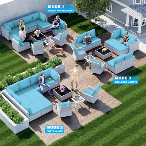 Image of Outdoor PE Wicker Rattan Modular Patio Sectional Sofa Set | 12-Piece: 6 Modular Seats, Coffee Table, 2 Swivel Rocking Chairs, Side Table & 2 Ottomans, Lake Blue