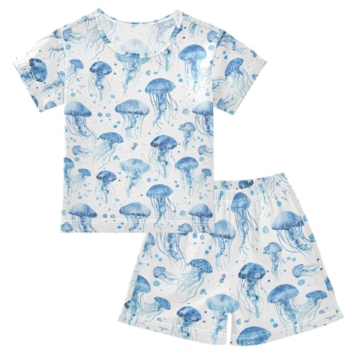 ALAZA Blue Jellyfish Pajama Set Short Sleeve Sleepwear Soft Lounge Nightwear
