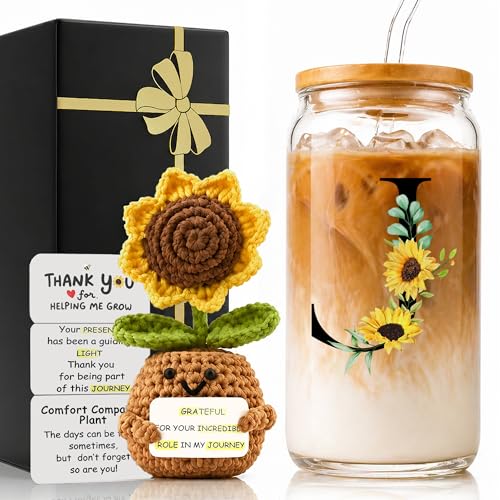 2 in 1 Personalized Glass Drinking Cup and Sunflower Doll Women Her Gift Happy Birthday...