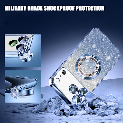 Image of Misscase for iPhone 17 Pro Magnetic Glitter Case Compatible with MagSafe,Full Protection Slim Shockproof Anti-Scratch Case with Camera Lens Protector Plating Bling Dust-Proof Net Blue
