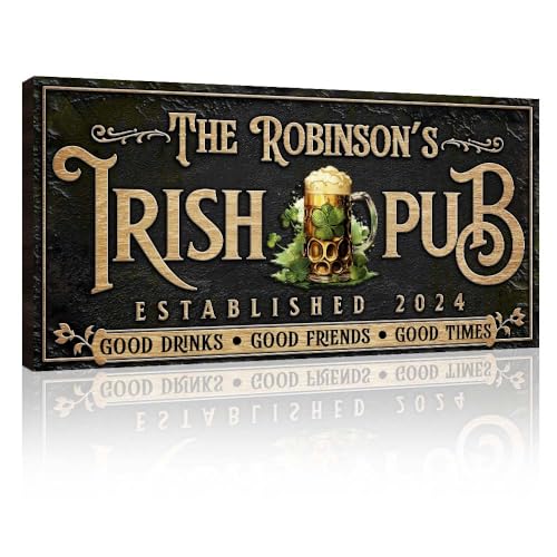 TAILORED CANVASES - Custom Irish Pub Sign - Personalized Bar and Lounge Decor for Home Bars, Basements, and pubs - Rustic Vintage Canvas Art for mancaves and Kitchens