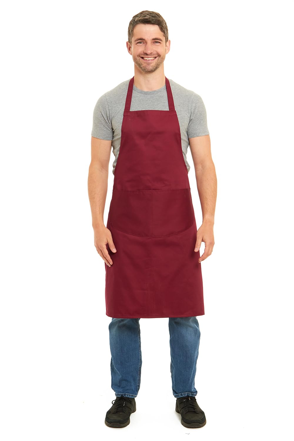 Full Plain Butcher Aprons for Men and Women with Pockets, One Size Plain Colour Versatile Aprons Ideal for Home, Barbecue, BBQ and Professional Use (Wine)