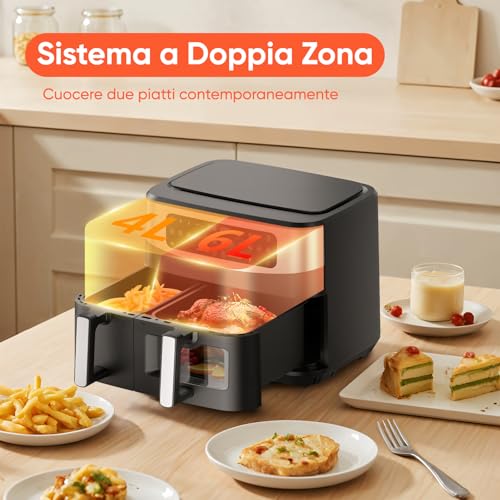 Friggitrice ad Aria XXL 10 litri Doppio Cestello, 50°C-230°C, Air Fryer con Finestra, 12 Programmi, Lavabile in Lavastoviglie, Touch Screen, Doppia Temperatura e Tecnologia SMART& MATCH Cook - immagine 3