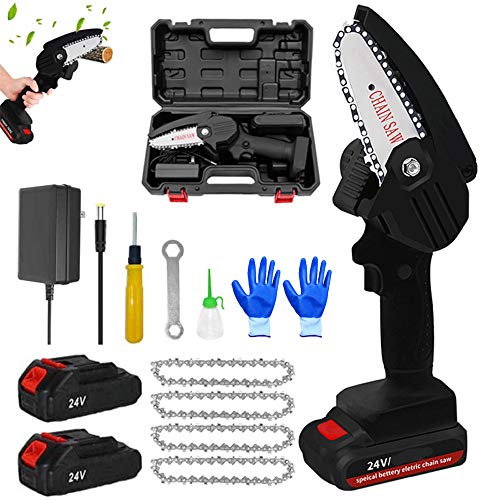 Mini Kettensäge mit Akku 4 Zoll Akku handkettensäge Einhand Elektrische Säge mit 2 Akku und 2 Ketten für Gartenbaum AST…